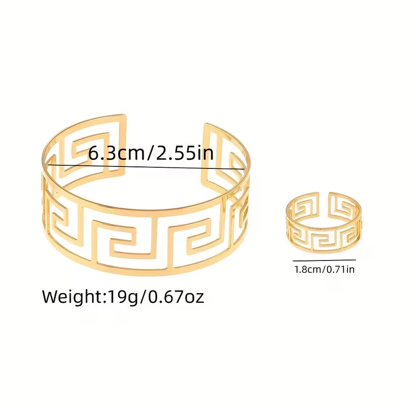 Elegant Gold-Tone Greek Key Bracelet & Ring Set