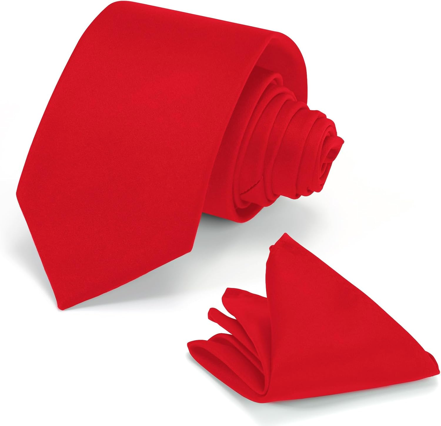 Men’s Red Satin Tie Set with Pocket Square & Rose Lapel Pin
