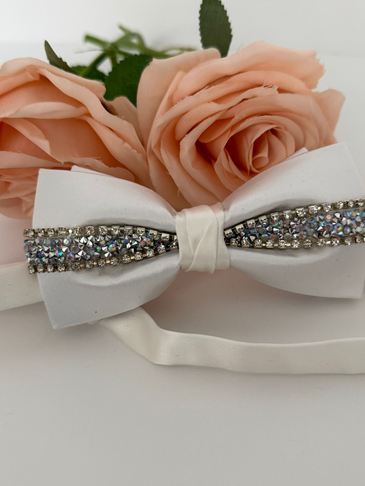 Luxury White Satin Rhinestone Bow Tie