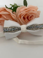 Luxury White Satin Rhinestone Bow Tie