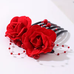 Red Rose Floral Hair Comb with Decorative Pearl Accents