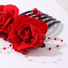 Red Rose Floral Hair Comb with Decorative Pearl Accents
