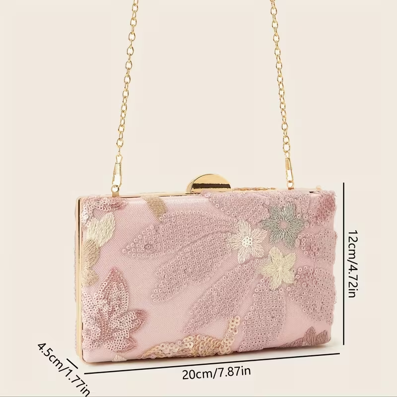 Blush Pink Sequin Floral Evening Clutch Bag