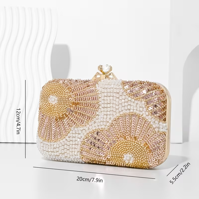 Luxury Pearl & Gold Floral Beaded Evening Clutch