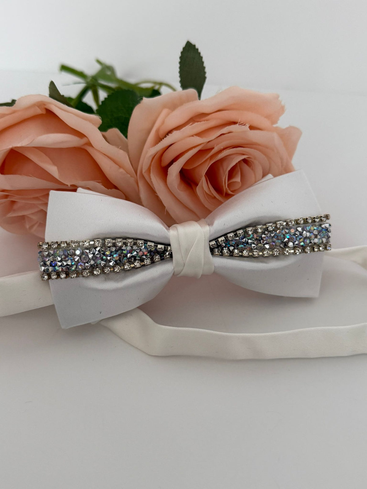 Luxury White Satin Rhinestone Bow Tie