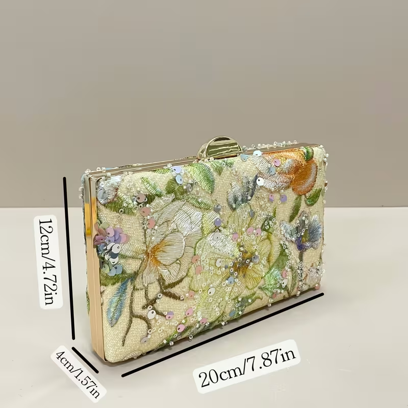 Floral Sequin Evening Clutch Bag with Chain Strap