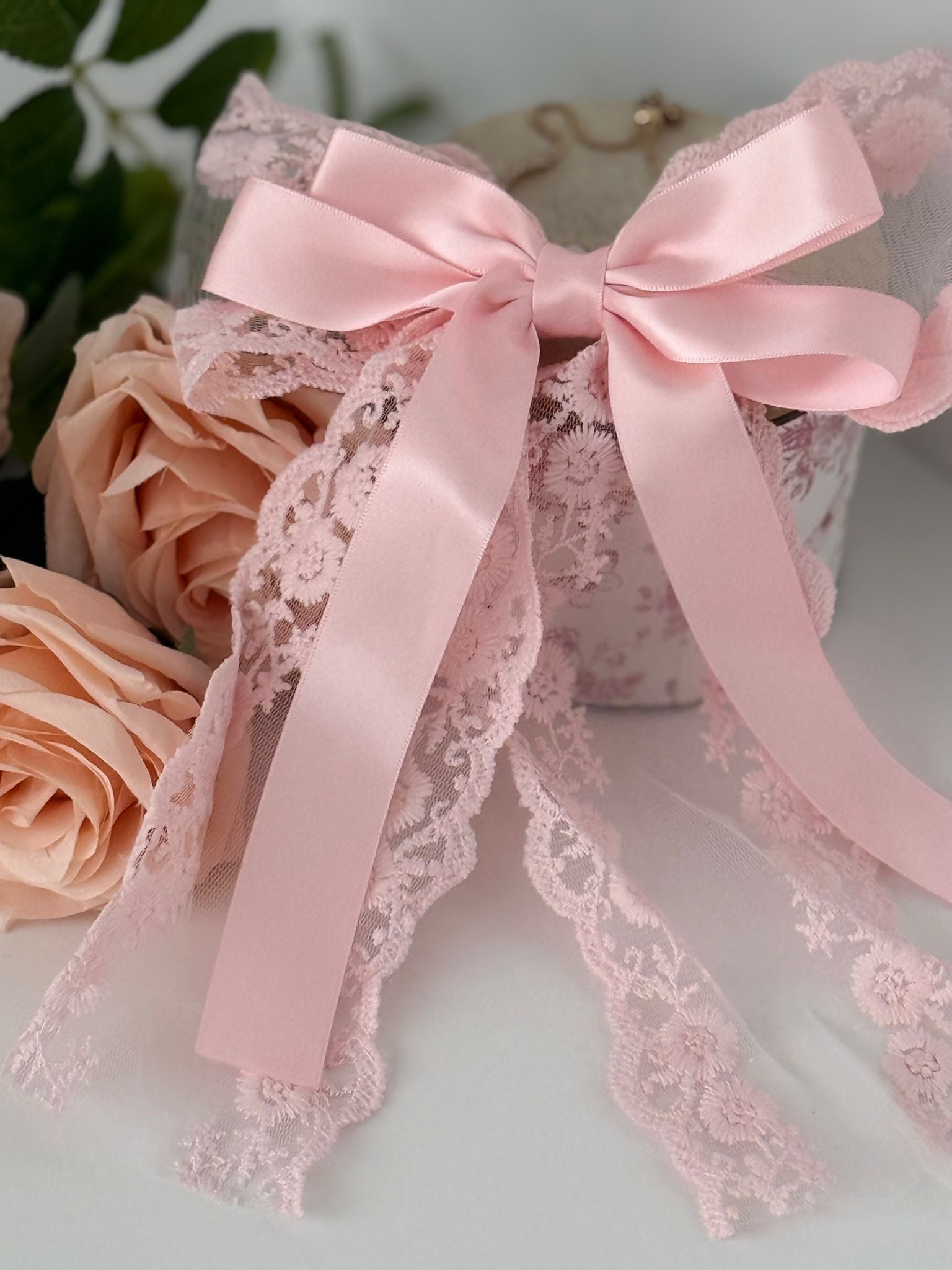 Large Pink Dovetail Lace Bow with Satin Ribbon