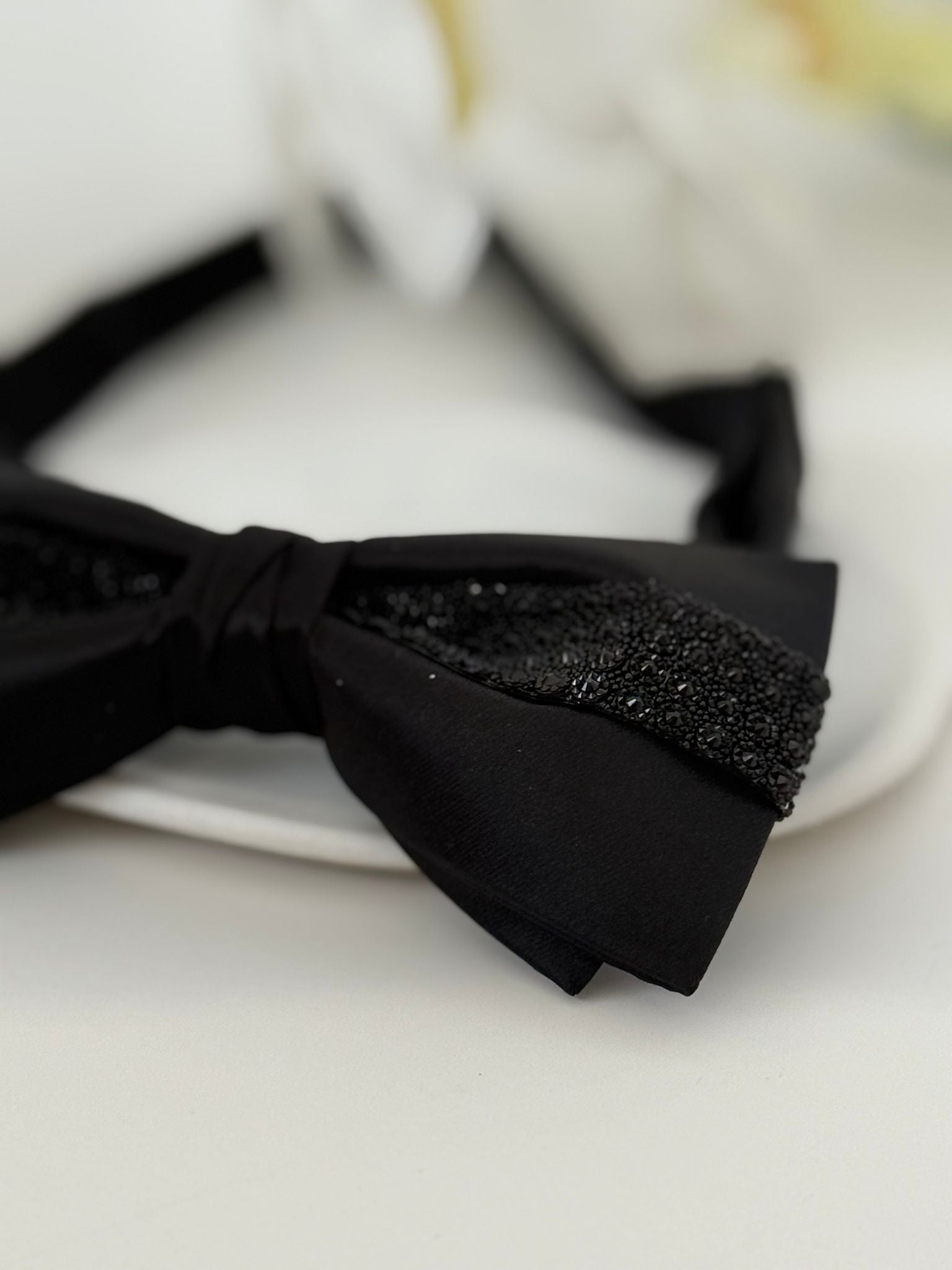 Luxury Black Satin Rhinestone Bow Tie