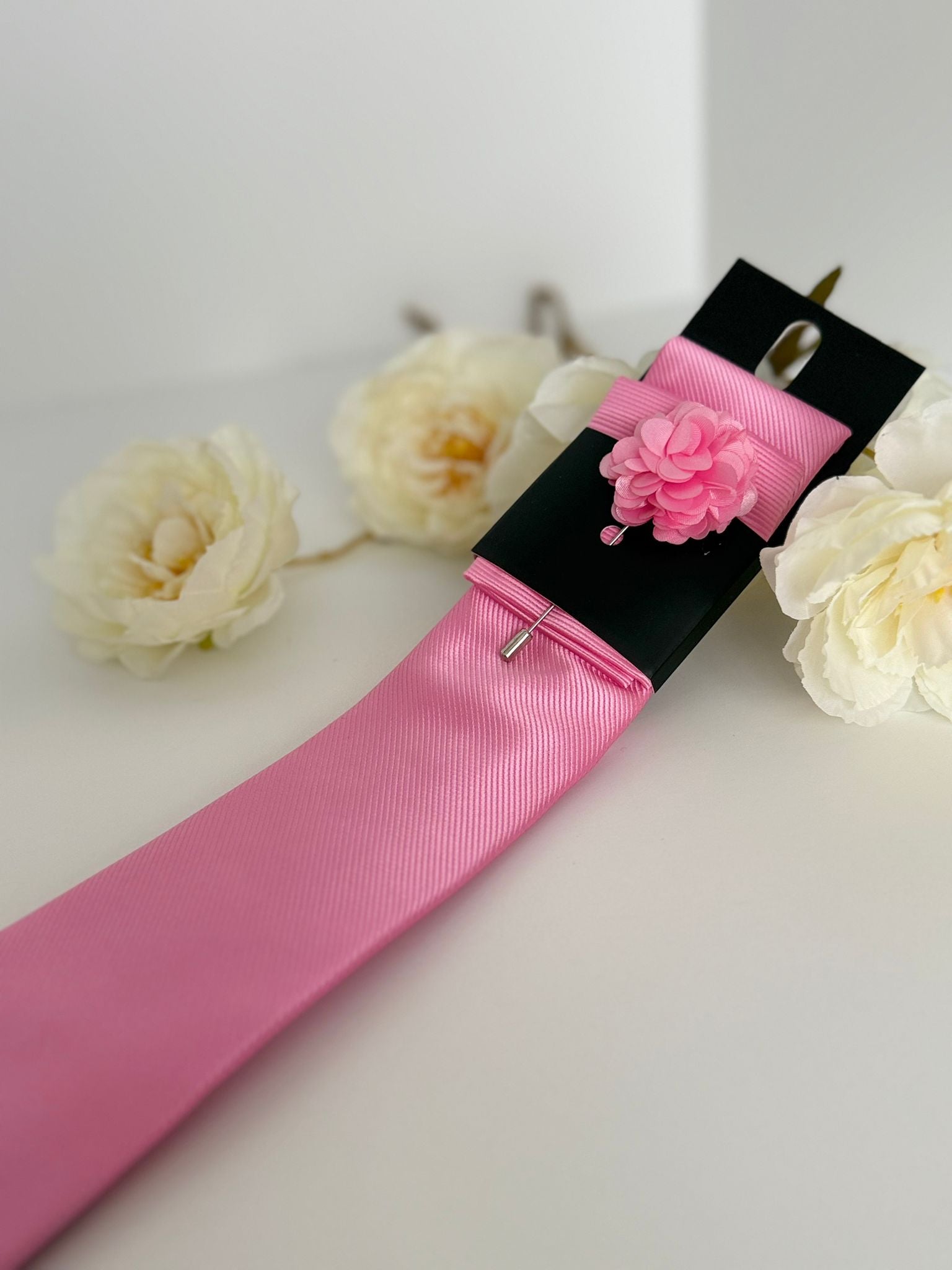 Men’s Light Pink Satin Tie Set with Lapel Flower & Tie Pin
