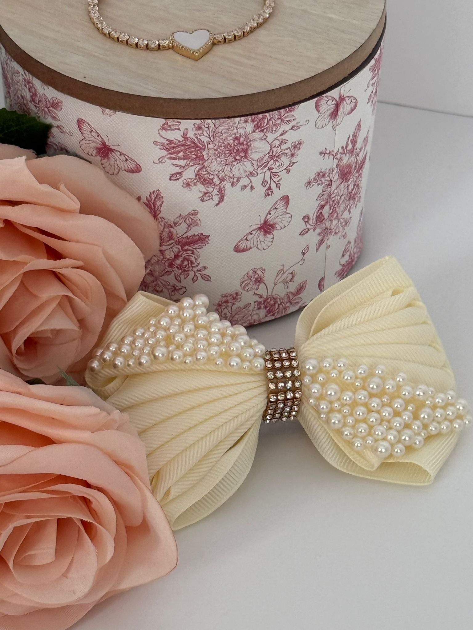 Pearl-Embellished Ivory Bow Hair Clip