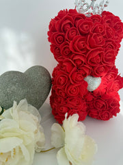 Red Rose Teddy Bear with Crown & Crystal Heart