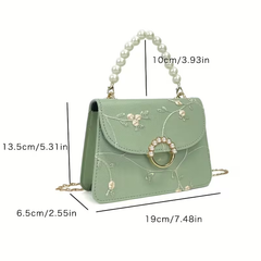 Mint Green Floral Embroidered Handbag with Pearl Handle