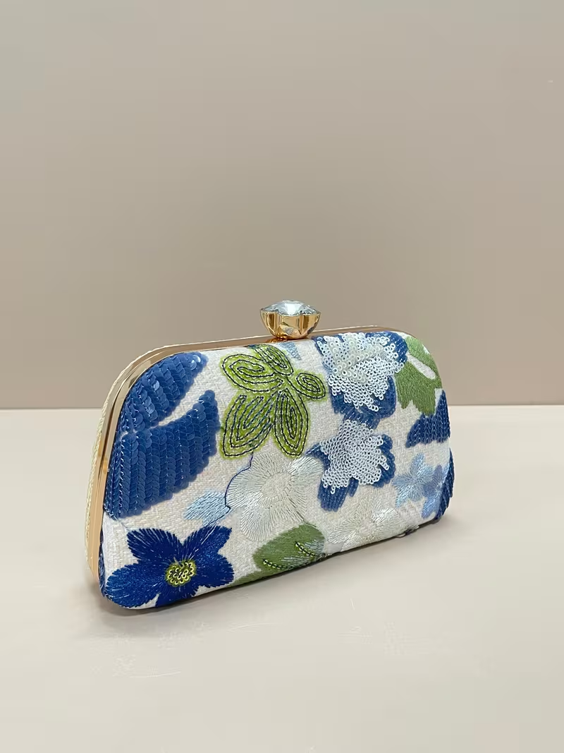 Blue Floral Embroidered Evening Clutch