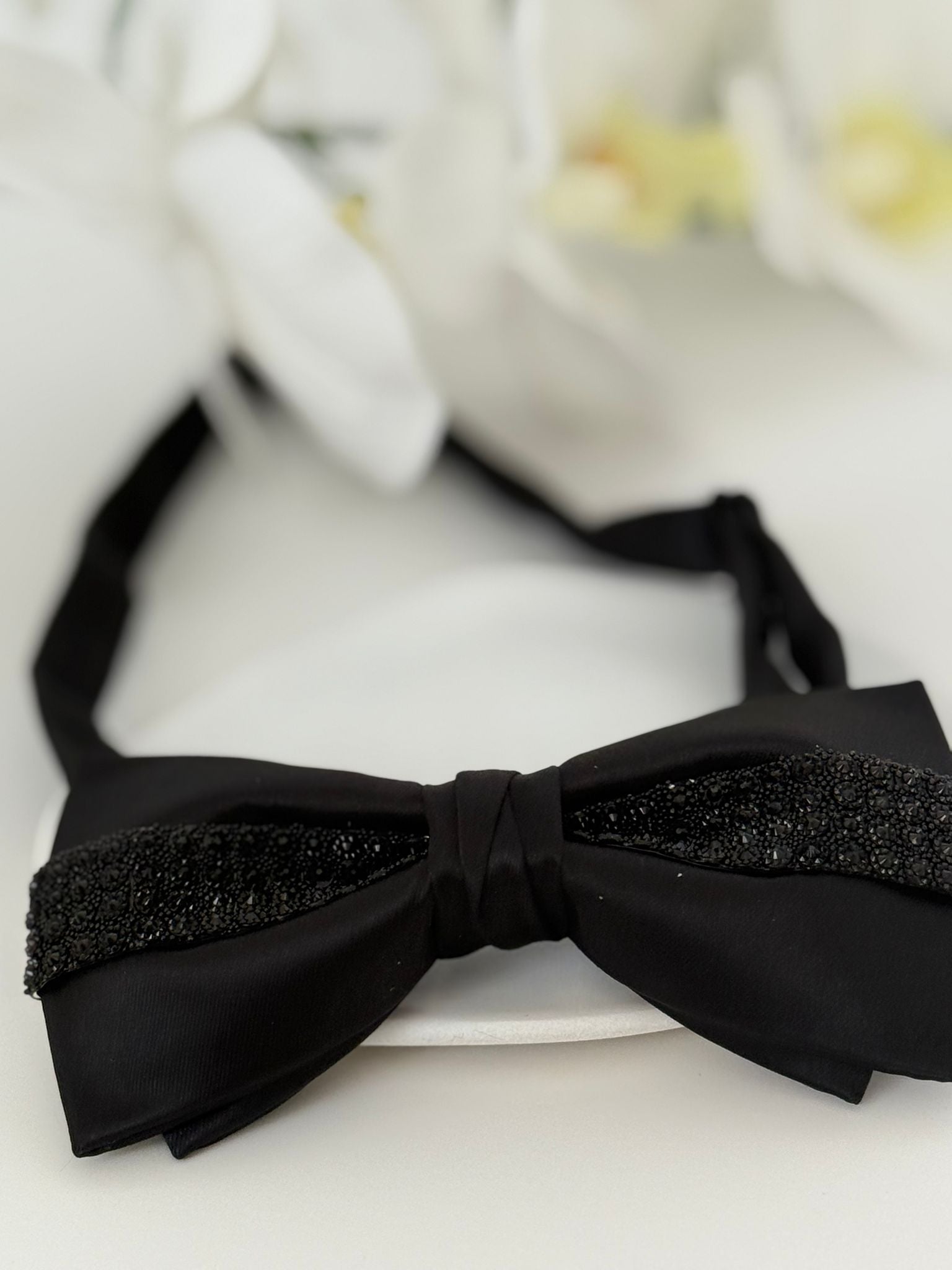 Luxury Black Satin Rhinestone Bow Tie