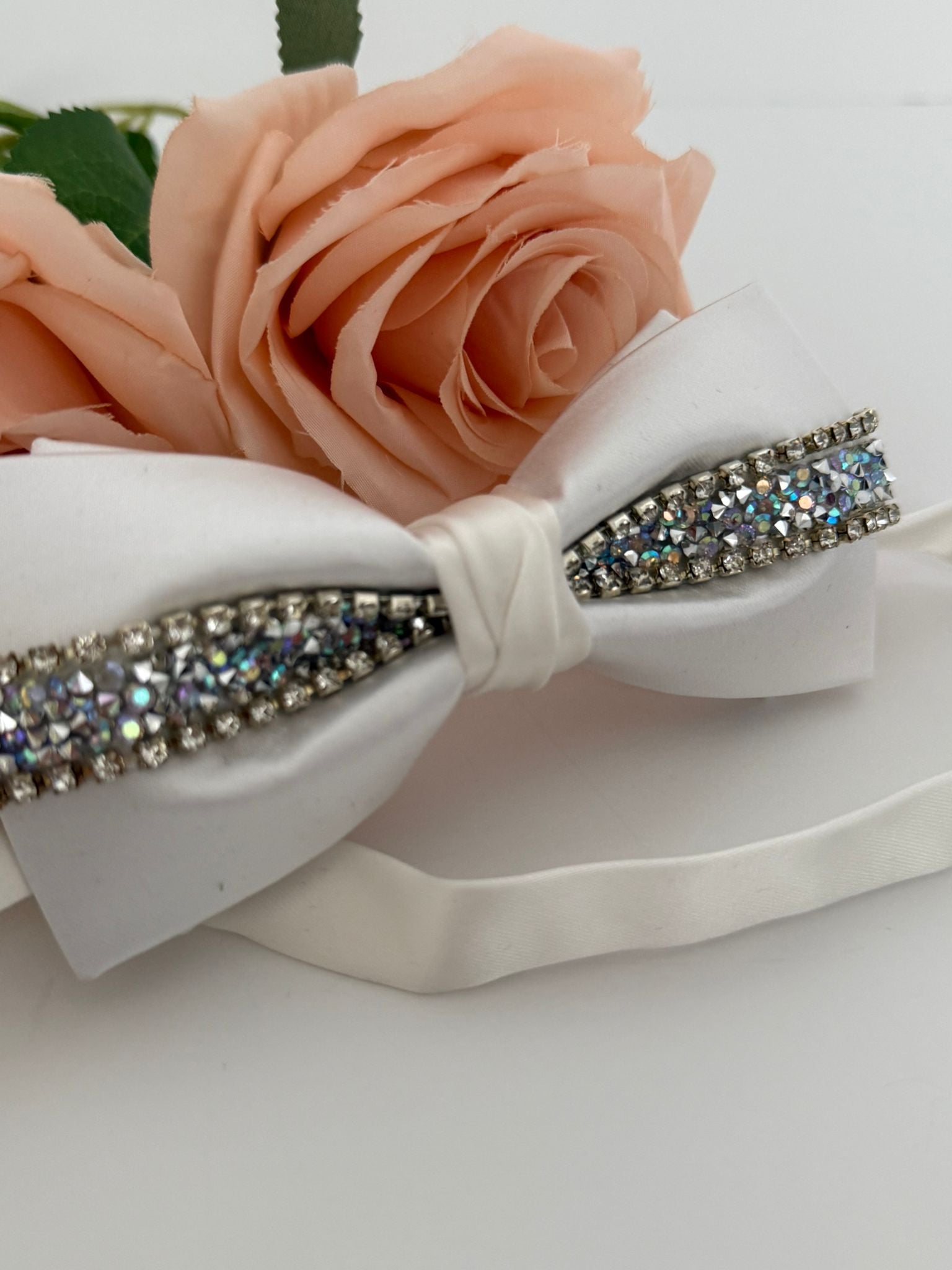 Luxury White Satin Rhinestone Bow Tie