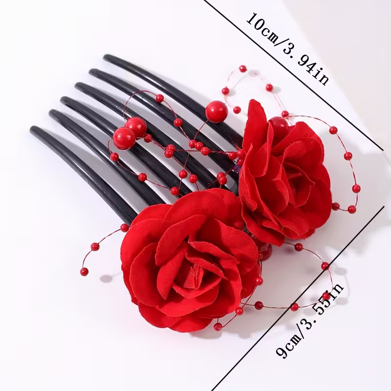 Red Rose Floral Hair Comb with Decorative Pearl Accents