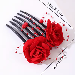 Red Rose Floral Hair Comb with Decorative Pearl Accents