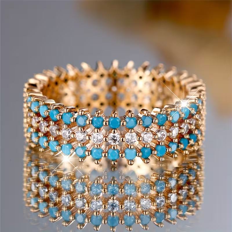 Gold Tone Crystal & Turquoise Fashion Ring