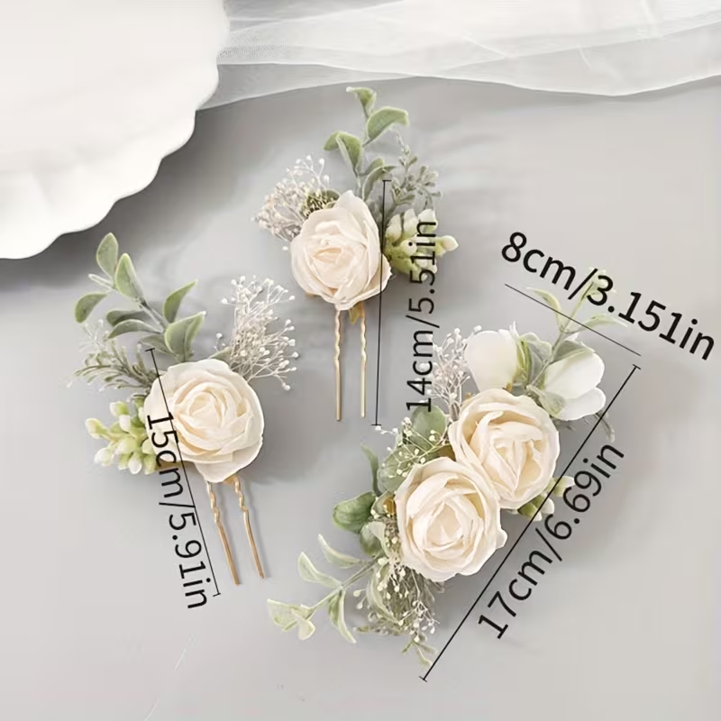 3-Piece Ivory Rose Bridal Hair Pin Set