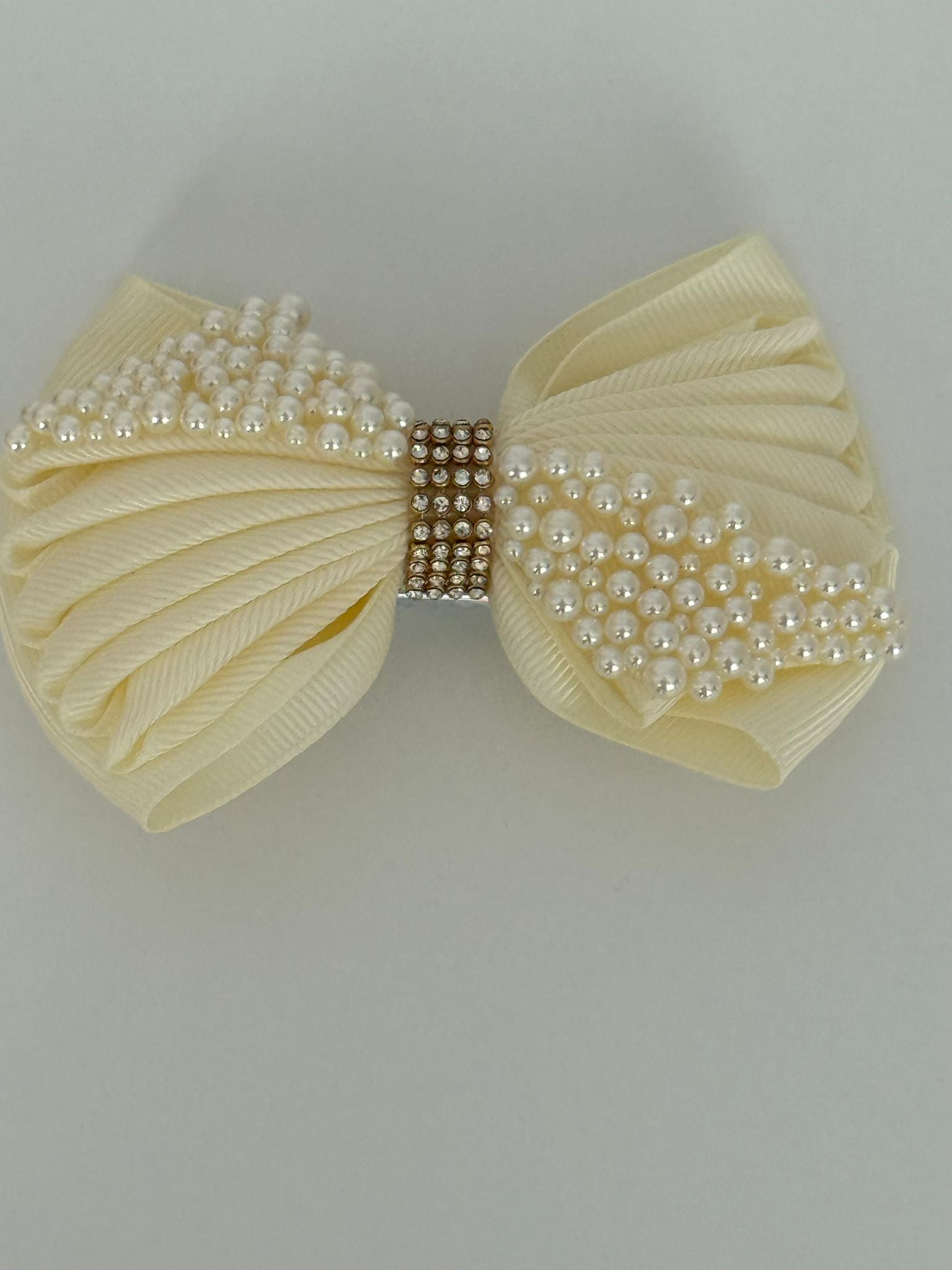 Pearl-Embellished Ivory Bow Hair Clip