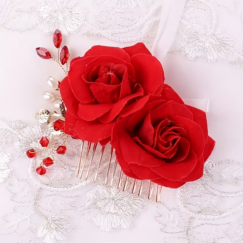 Red Rose Floral Hair Comb