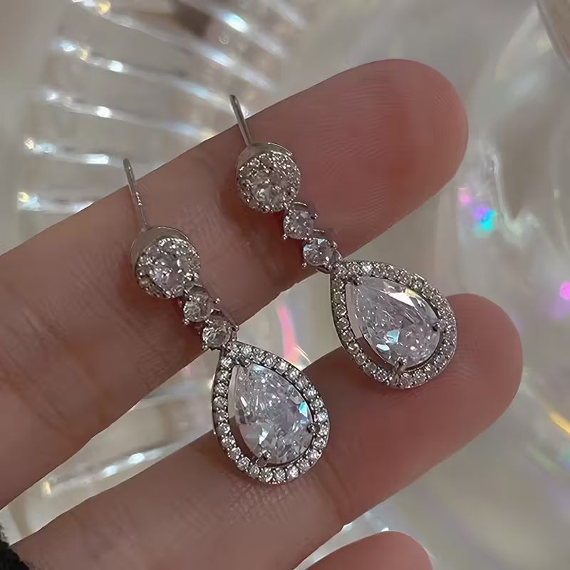 Elegant Crystal Teardrop Earrings – Silver Halo Drop Design