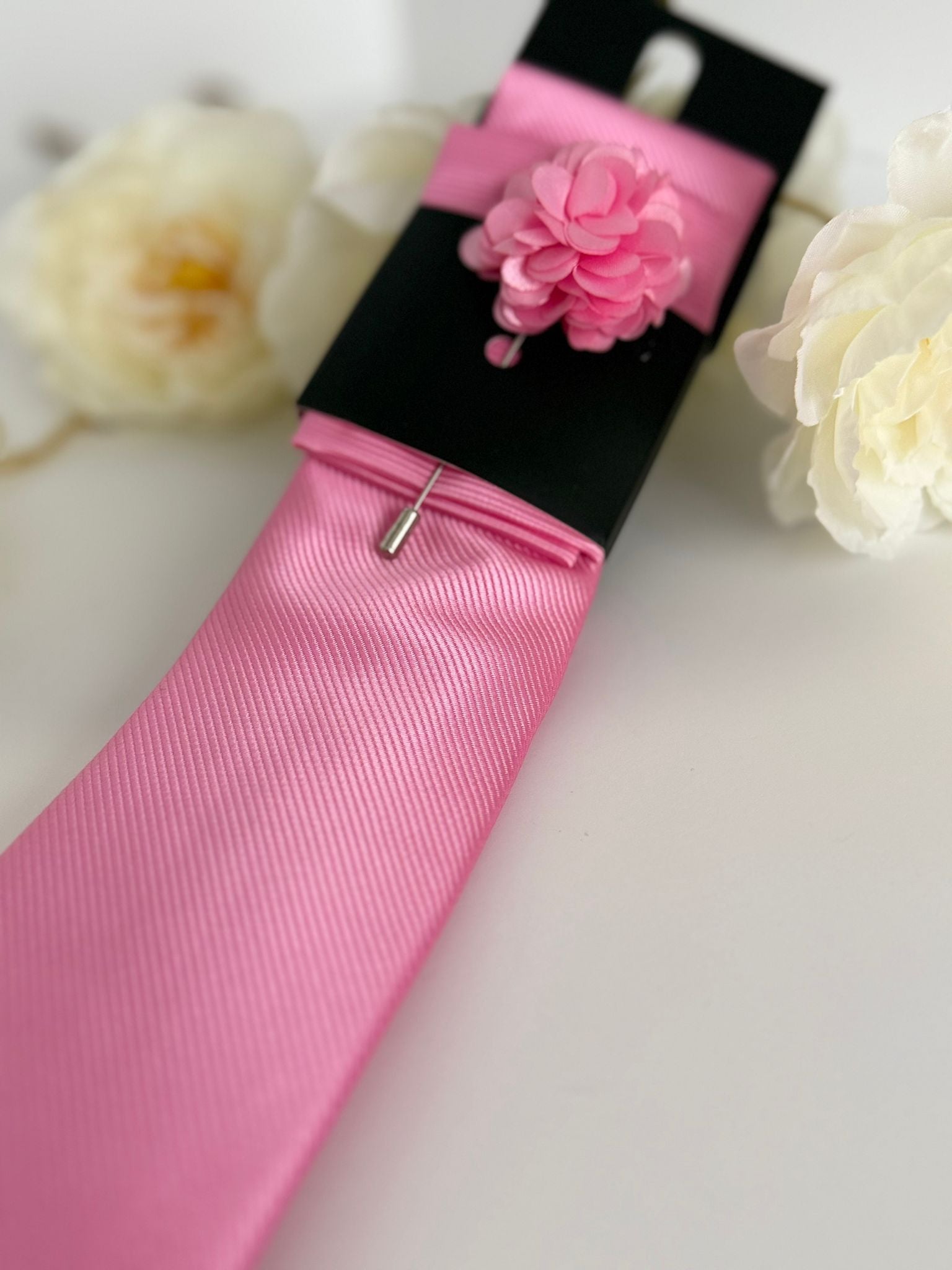 Men’s Light Pink Satin Tie Set with Lapel Flower & Tie Pin