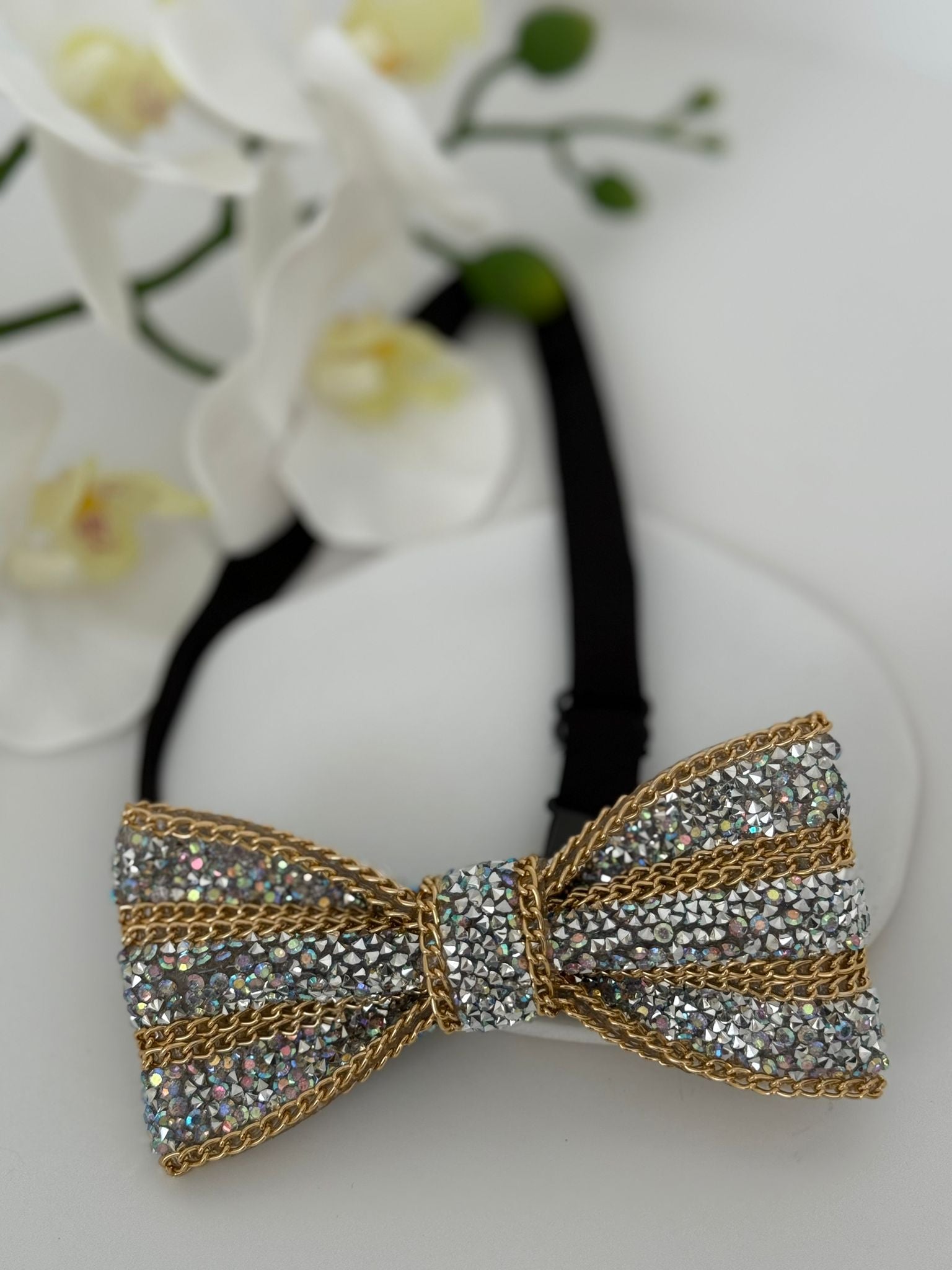 Luxury Crystal & Gold Chain Statement Bow Tie