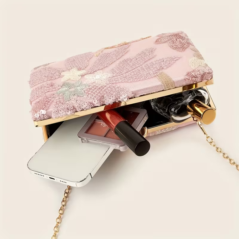Blush Pink Sequin Floral Evening Clutch Bag