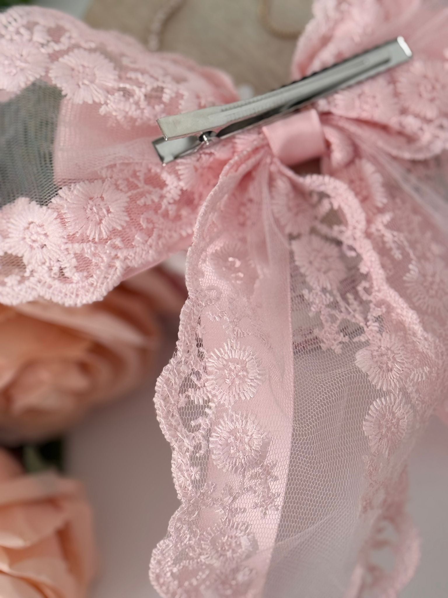 Large Pink Dovetail Lace Bow with Satin Ribbon