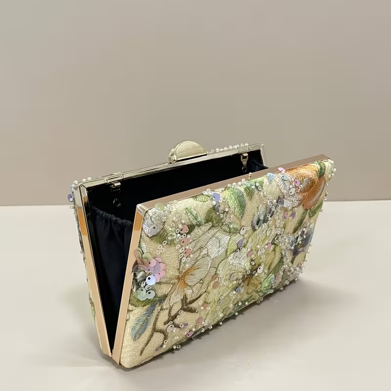 Floral Sequin Evening Clutch Bag with Chain Strap