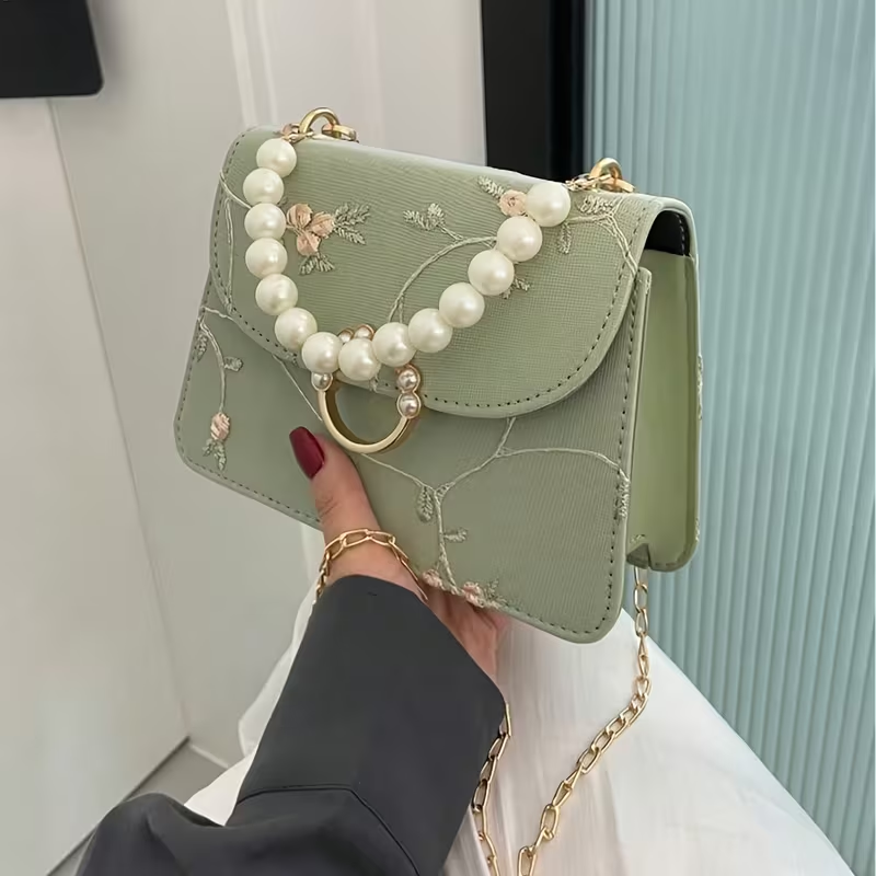 Mint Green Floral Embroidered Handbag with Pearl Handle
