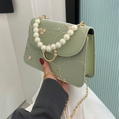 Mint Green Floral Embroidered Handbag with Pearl Handle
