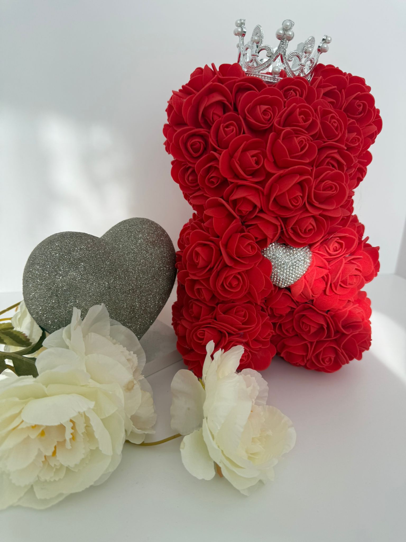 Red Rose Teddy Bear with Crown & Crystal Heart