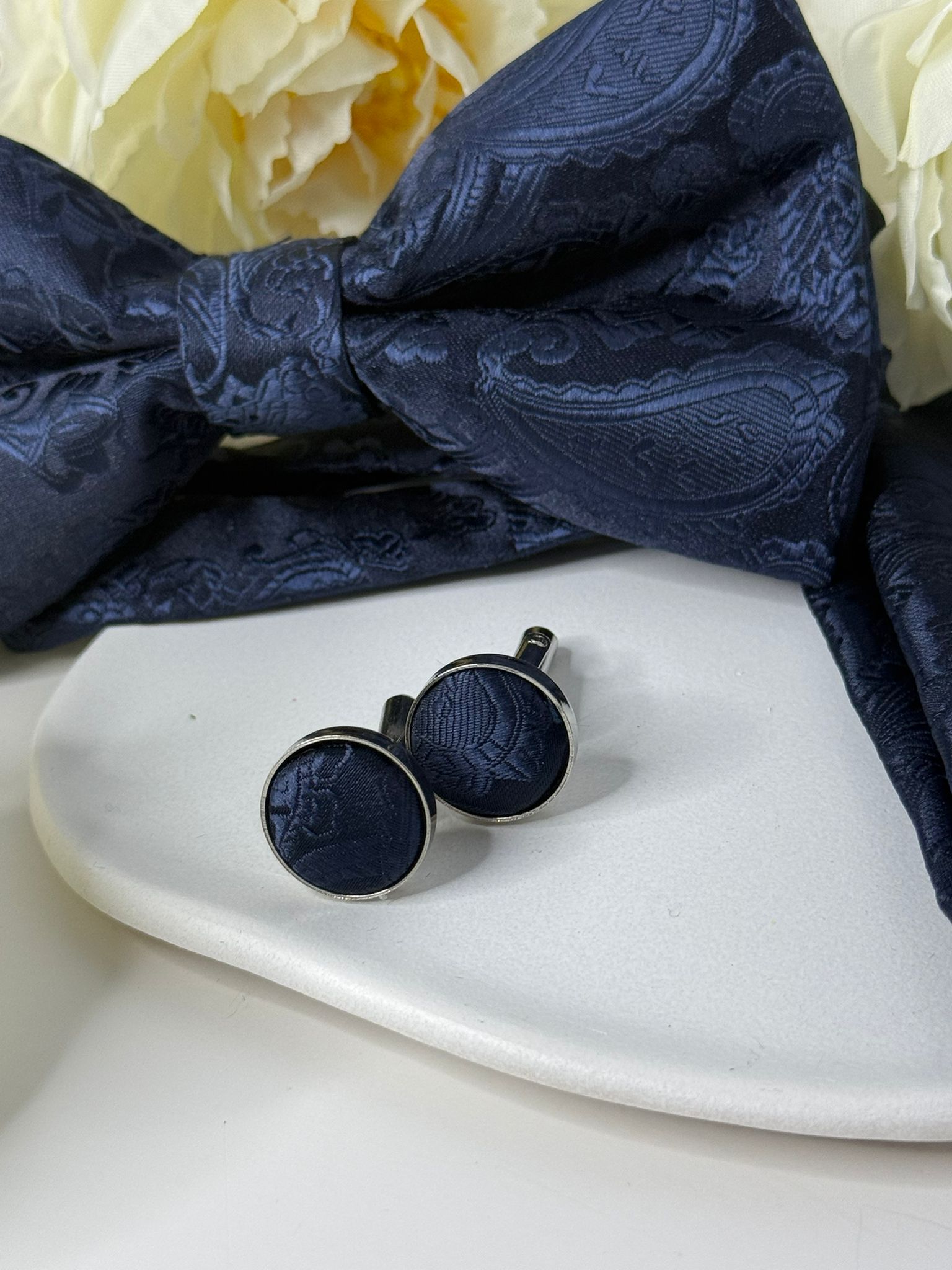 Navy Paisley Bow Tie & Cufflink Set