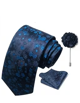 Men’s Navy Blue Floral Tie Set with Pocket Square, Lapel Flower & Tie Pin – Luxury Patterned Formal Accessories