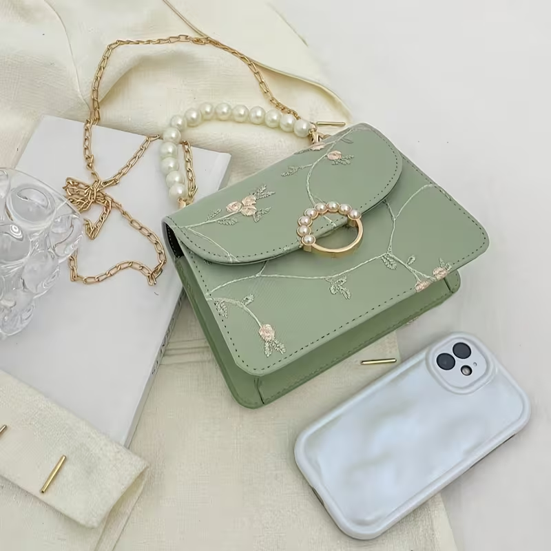 Mint Green Floral Embroidered Handbag with Pearl Handle