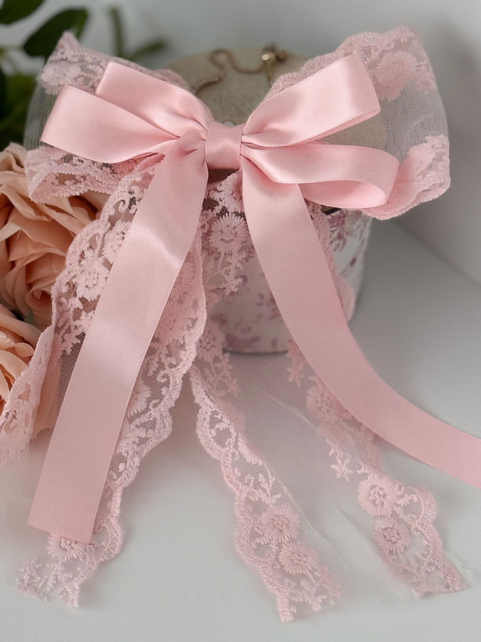 Large Pink Dovetail Lace Bow with Satin Ribbon