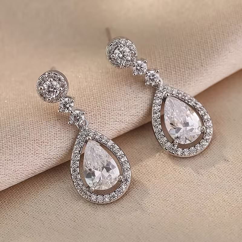 Elegant Crystal Teardrop Earrings – Silver Halo Drop Design