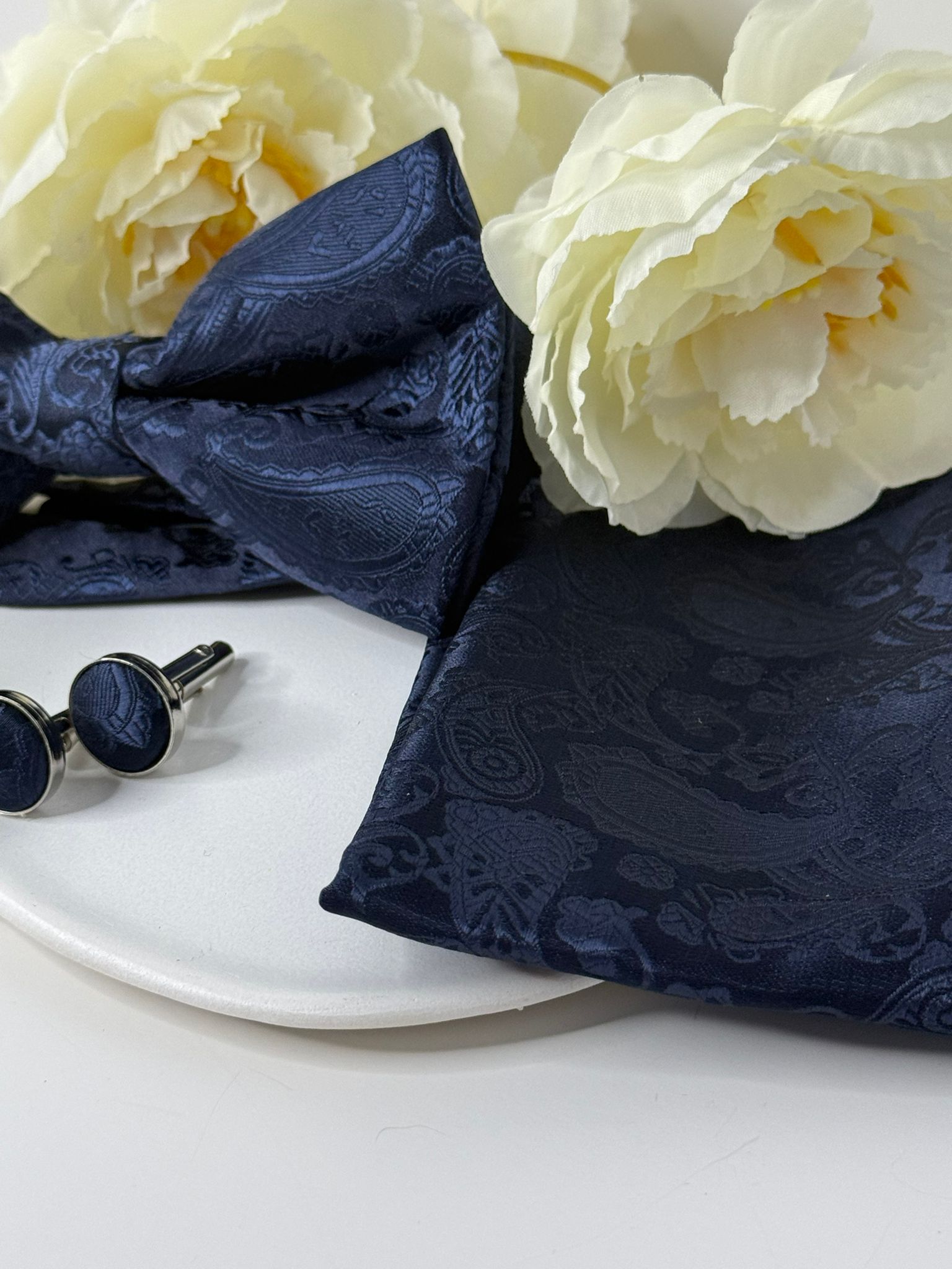 Navy Paisley Bow Tie & Cufflink Set