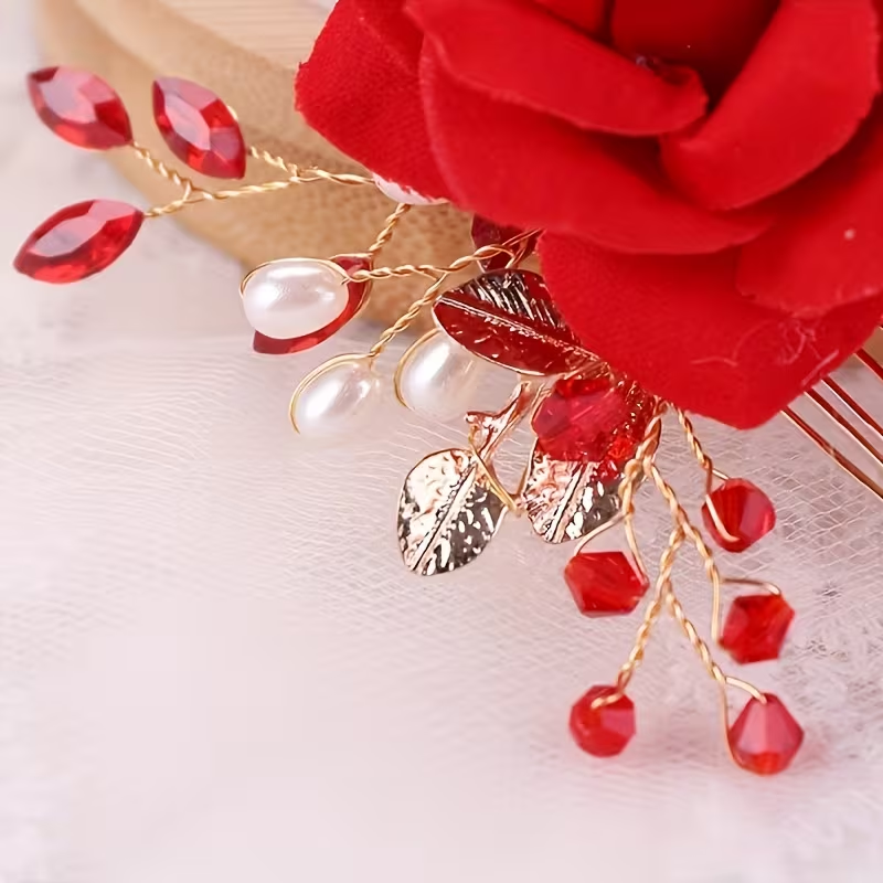 Red Rose Floral Hair Comb