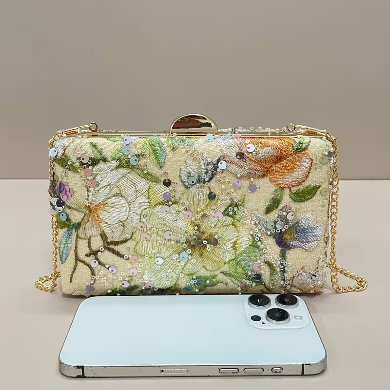 Floral Sequin Evening Clutch Bag with Chain Strap