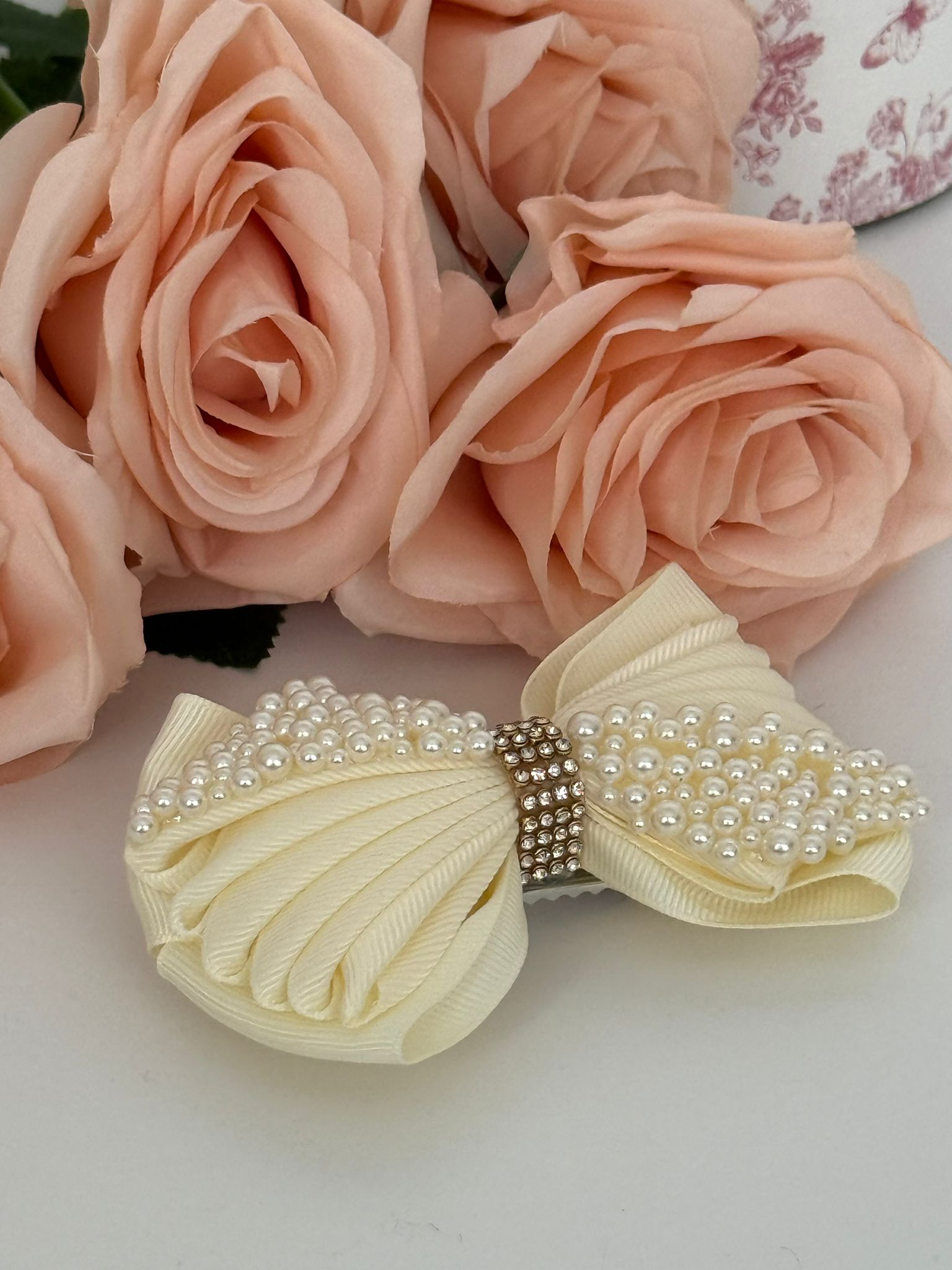 Pearl-Embellished Ivory Bow Hair Clip