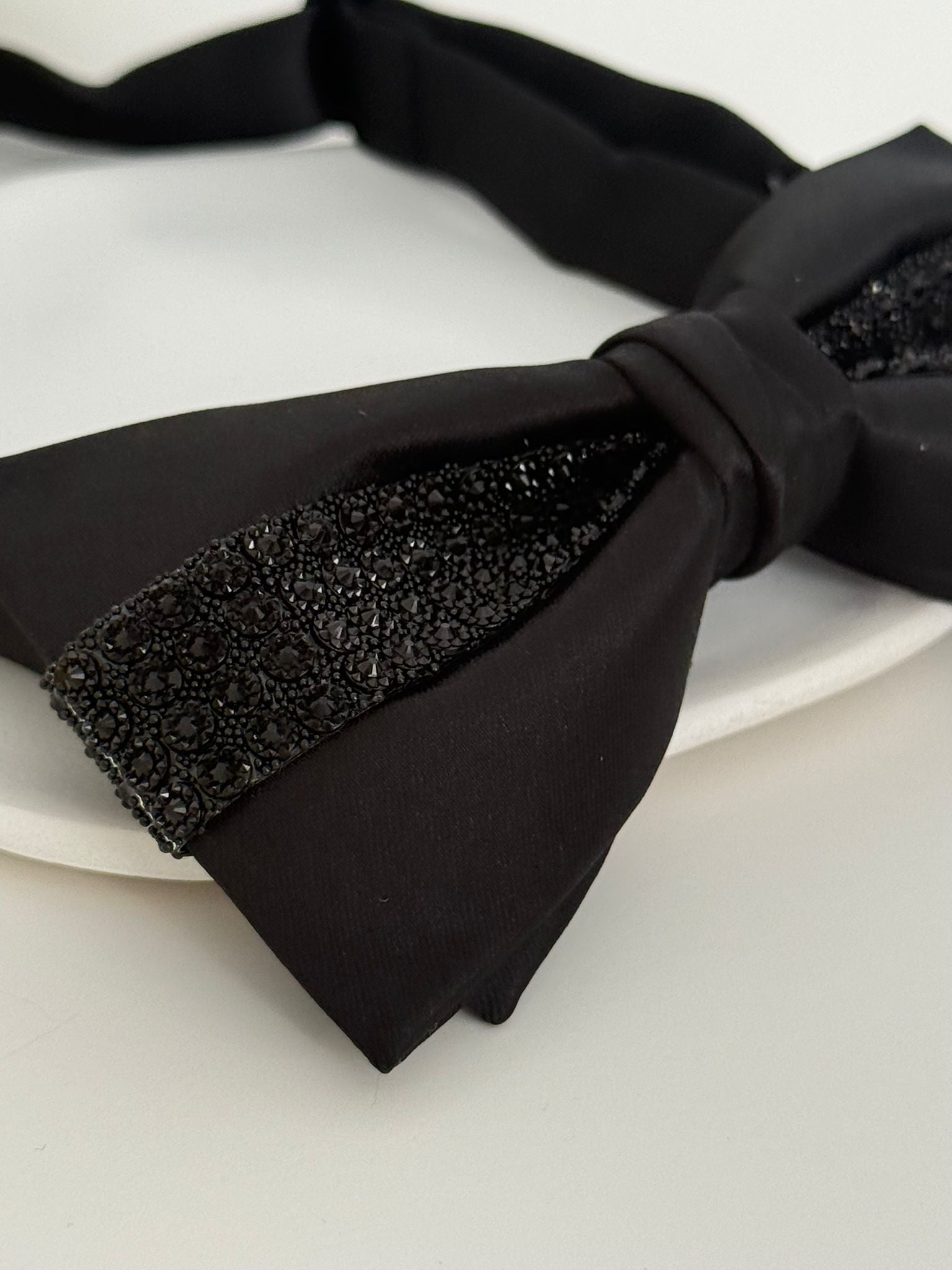 Luxury Black Satin Rhinestone Bow Tie