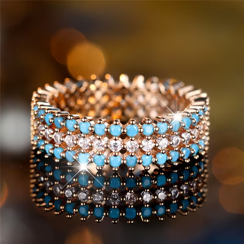 Gold Tone Crystal & Turquoise Fashion Ring