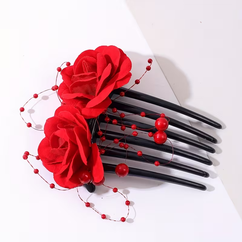 Red Rose Floral Hair Comb with Decorative Pearl Accents