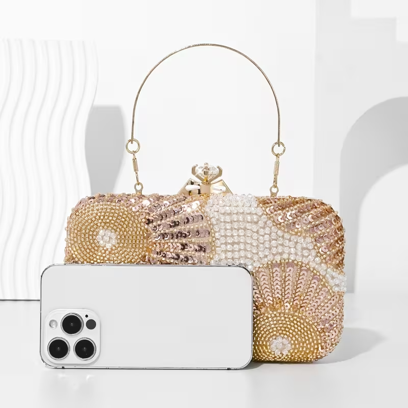 Luxury Pearl & Gold Floral Beaded Evening Clutch