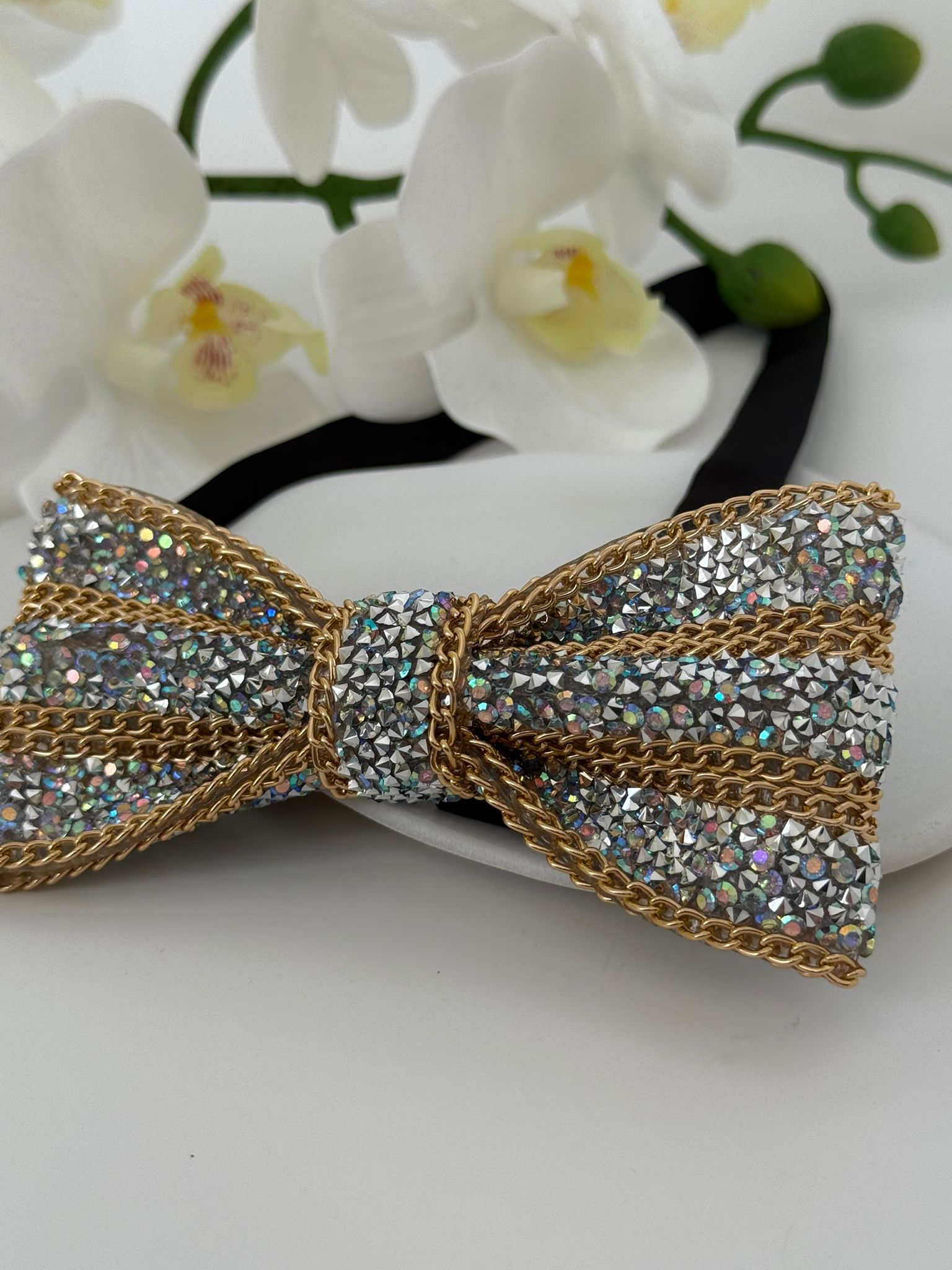 Luxury Crystal & Gold Chain Statement Bow Tie