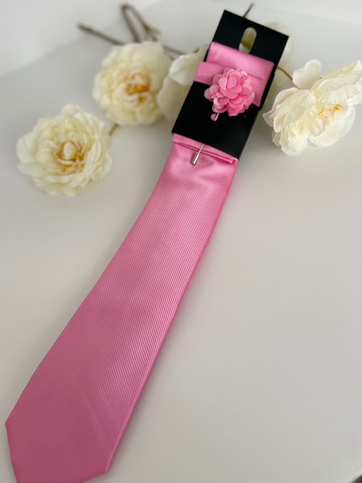 Men’s Light Pink Satin Tie Set with Lapel Flower & Tie Pin