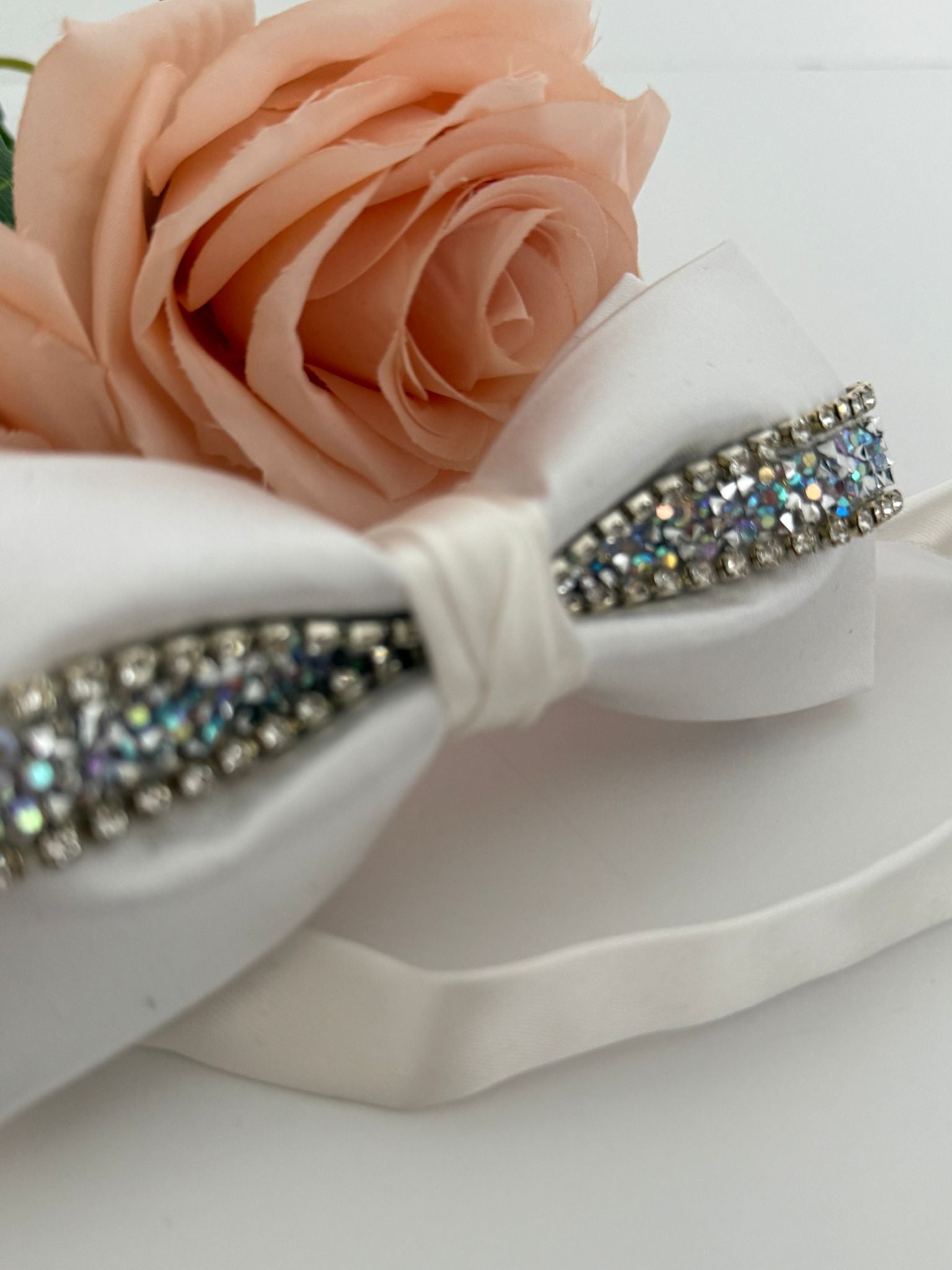 Luxury White Satin Rhinestone Bow Tie